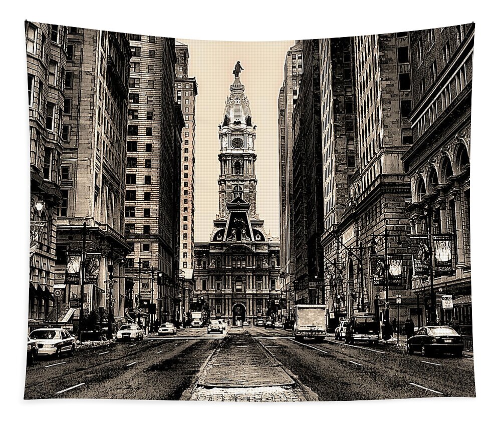 Broad Tapestry featuring the photograph Broad Street in Philadelphia in Sepia by Philadelphia Photography