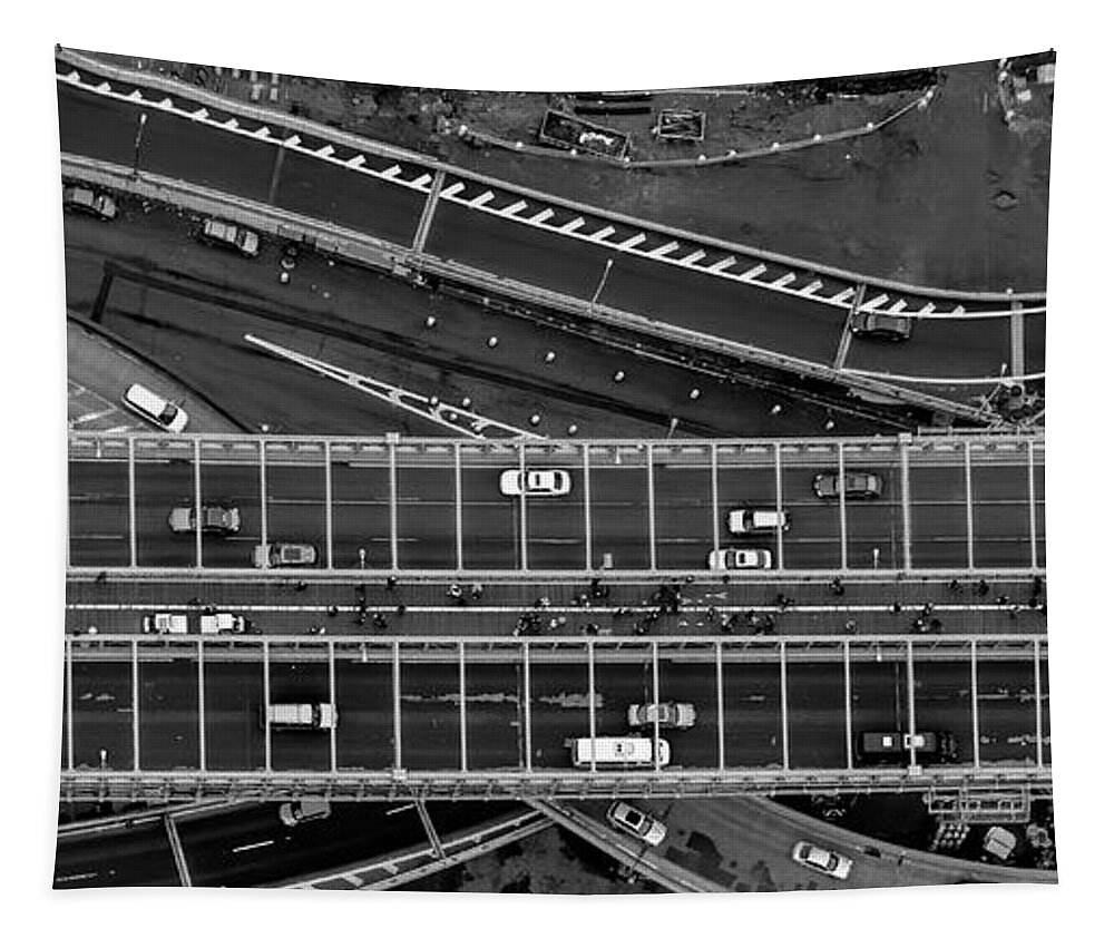 Brooklyn Bridge Tapestry featuring the photograph Brooklyn Bridge Vertical Aerial View by David Oppenheimer