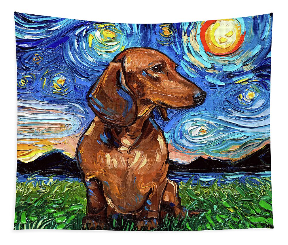 Dachshund Tapestry featuring the painting Brown Dachshund Night by Aja Trier