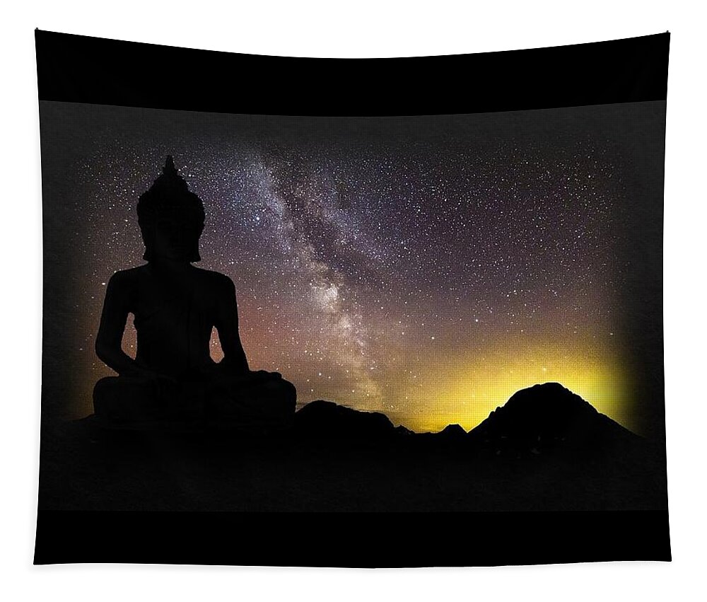 Buddha Tapestry featuring the mixed media Buddha Against Night Sky by Nancy Ayanna Wyatt