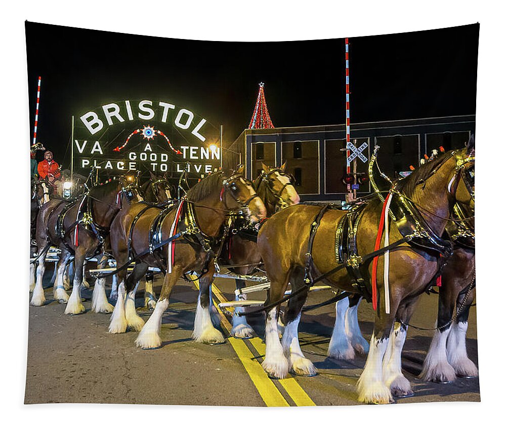 2019 Tapestry featuring the photograph Budweiser Clydesdales at the Bristol Sign by Greg Booher