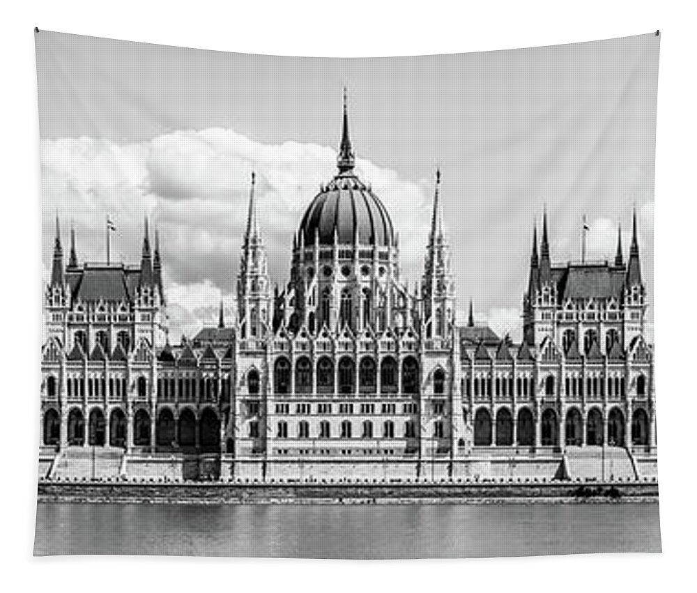 1904 Tapestry featuring the photograph Building of Hungarian Parliament with Danube river, b and w by Viktor Wallon-Hars
