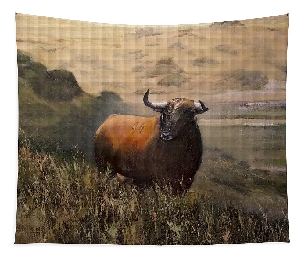 Bull Tapestry featuring the painting Bull in Extremadura-Spain by Tomas Castano