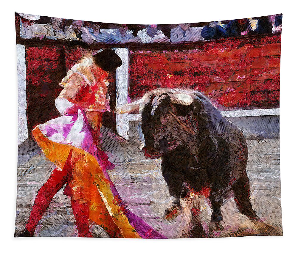 Bull Tapestry featuring the painting Bullfighting in Spain by Charlie Roman