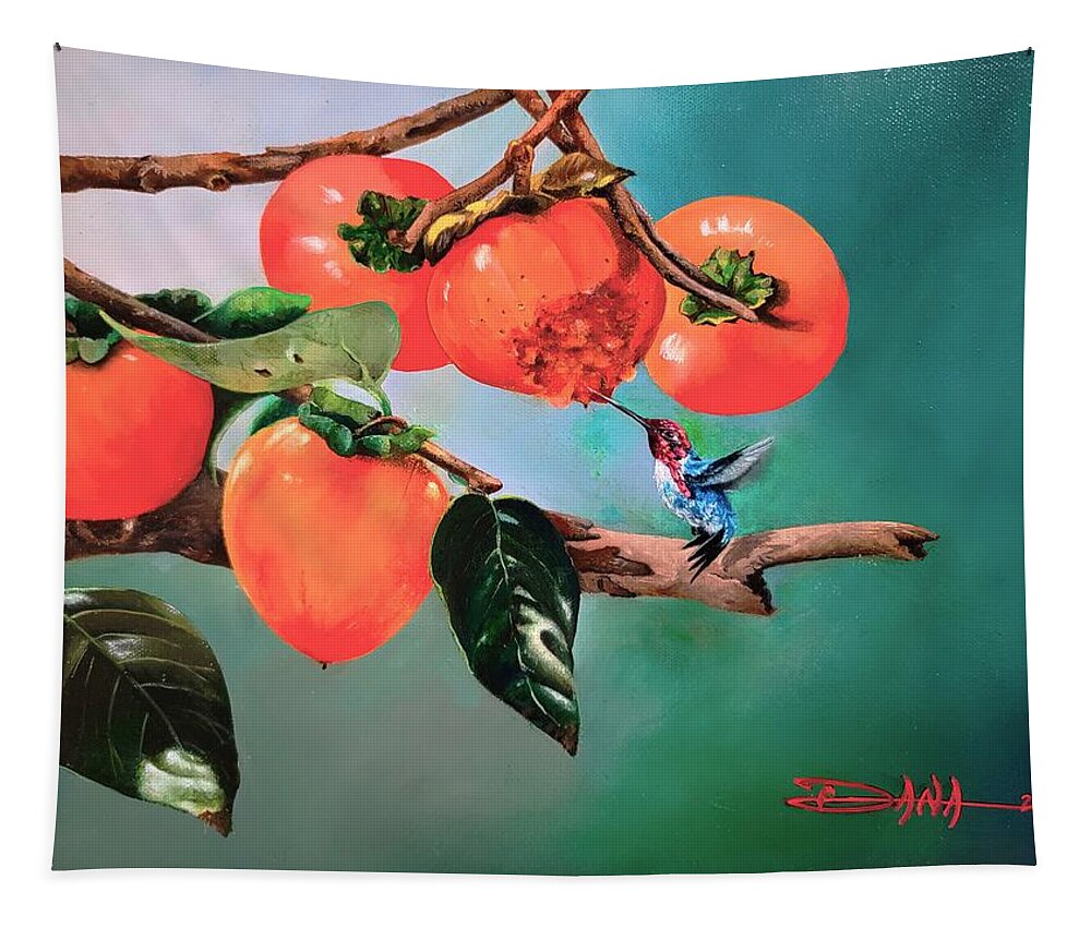 Birds Tapestry featuring the painting Bumblebee hummer and Persimmons by Dana Newman