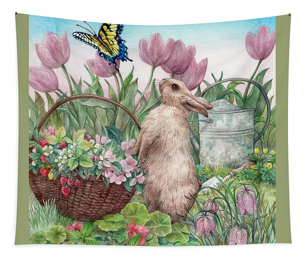 Illustrated Bunny Tapestry featuring the painting Bunny in Spring Garden by Judith Cheng