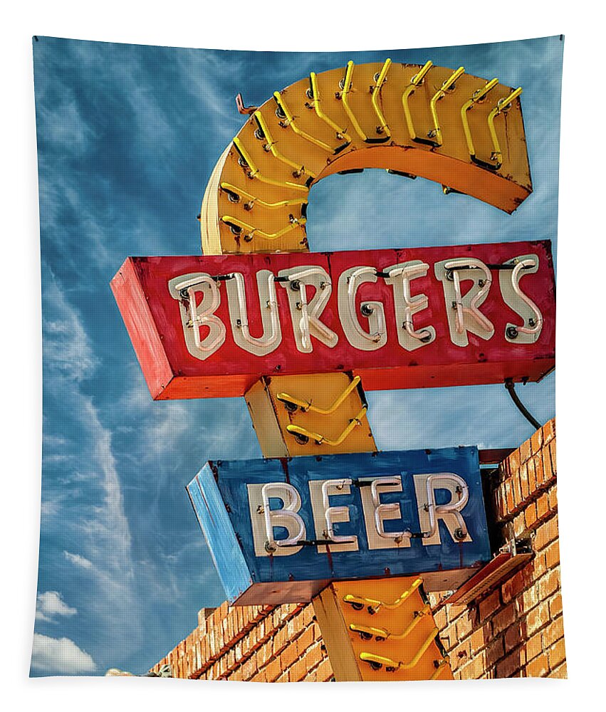 Advertisement Tapestry featuring the photograph Burgers and Beer by Charles Dobbs