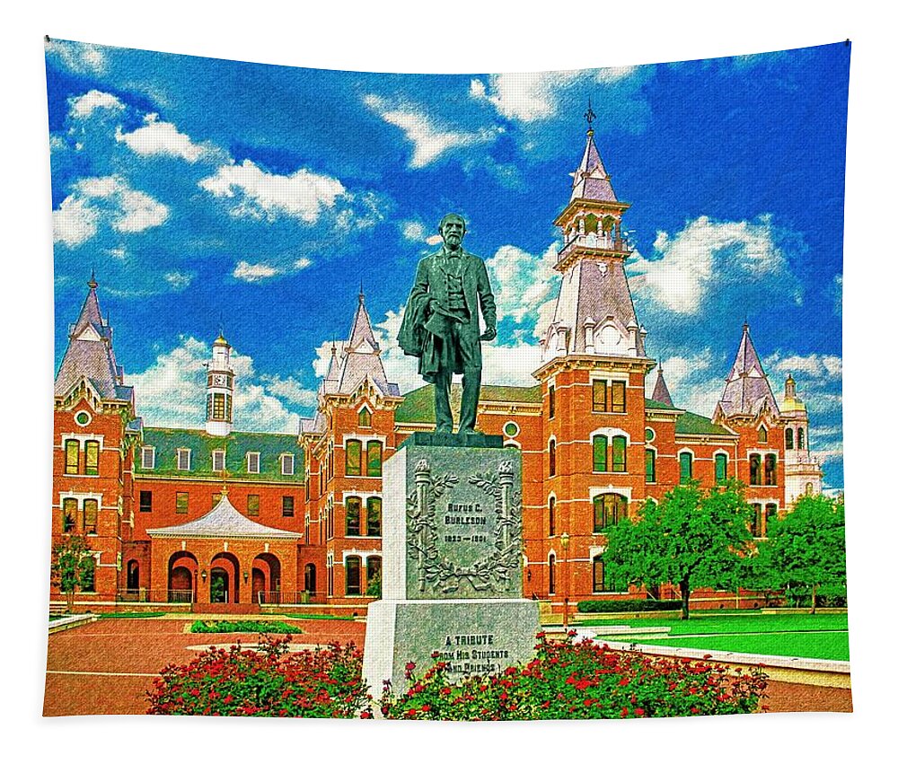 Burleson Quadrangle Tapestry featuring the digital art Burleson Quadrangle of the Baylor University in Waco, Texas - pencil sketch by Nicko Prints