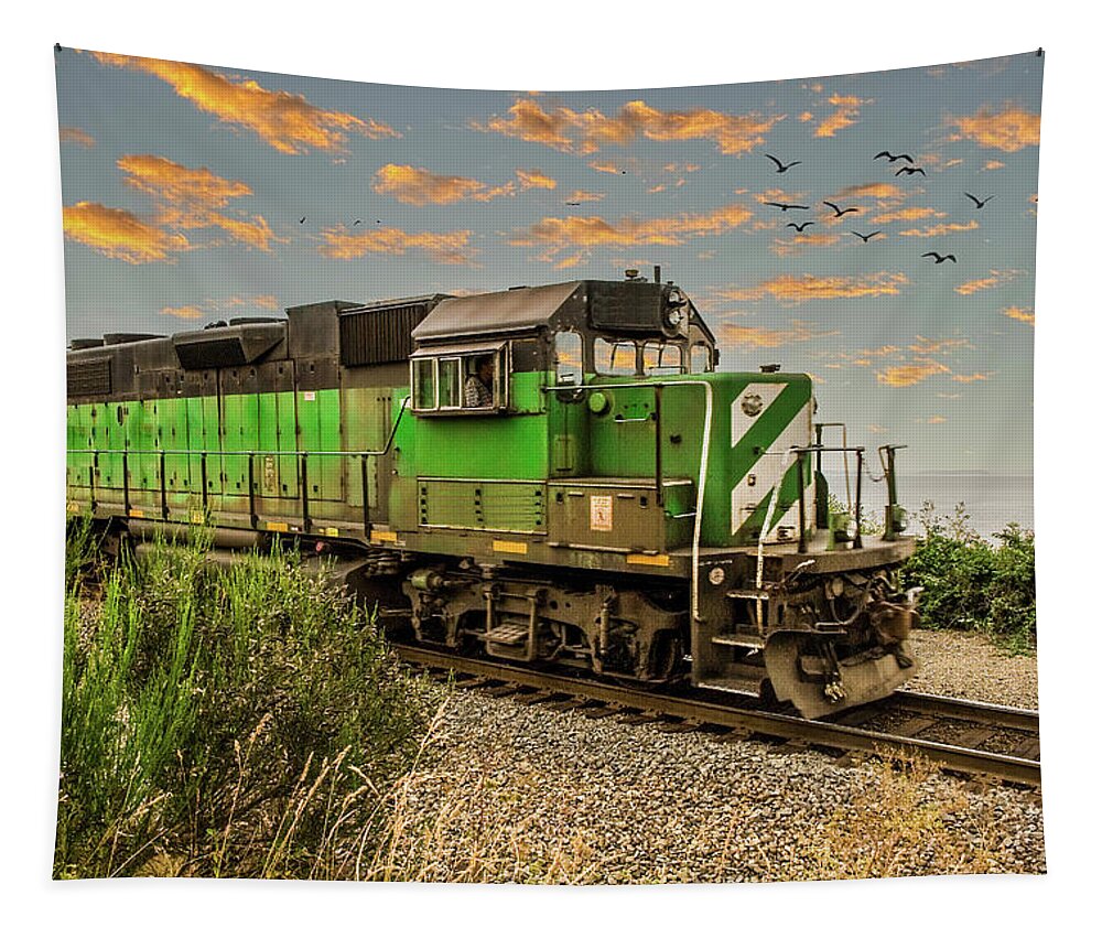 Box Tapestry featuring the photograph Burlington Northern Train on Edge of Sea by Darryl Brooks