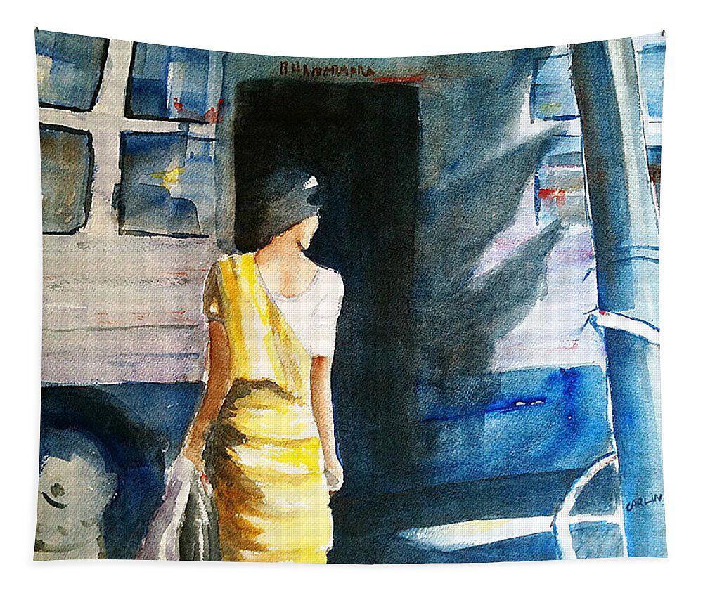 Woman Tapestry featuring the painting Bus Stop - Woman Boarding the Bus by Carlin Blahnik CarlinArtWatercolor
