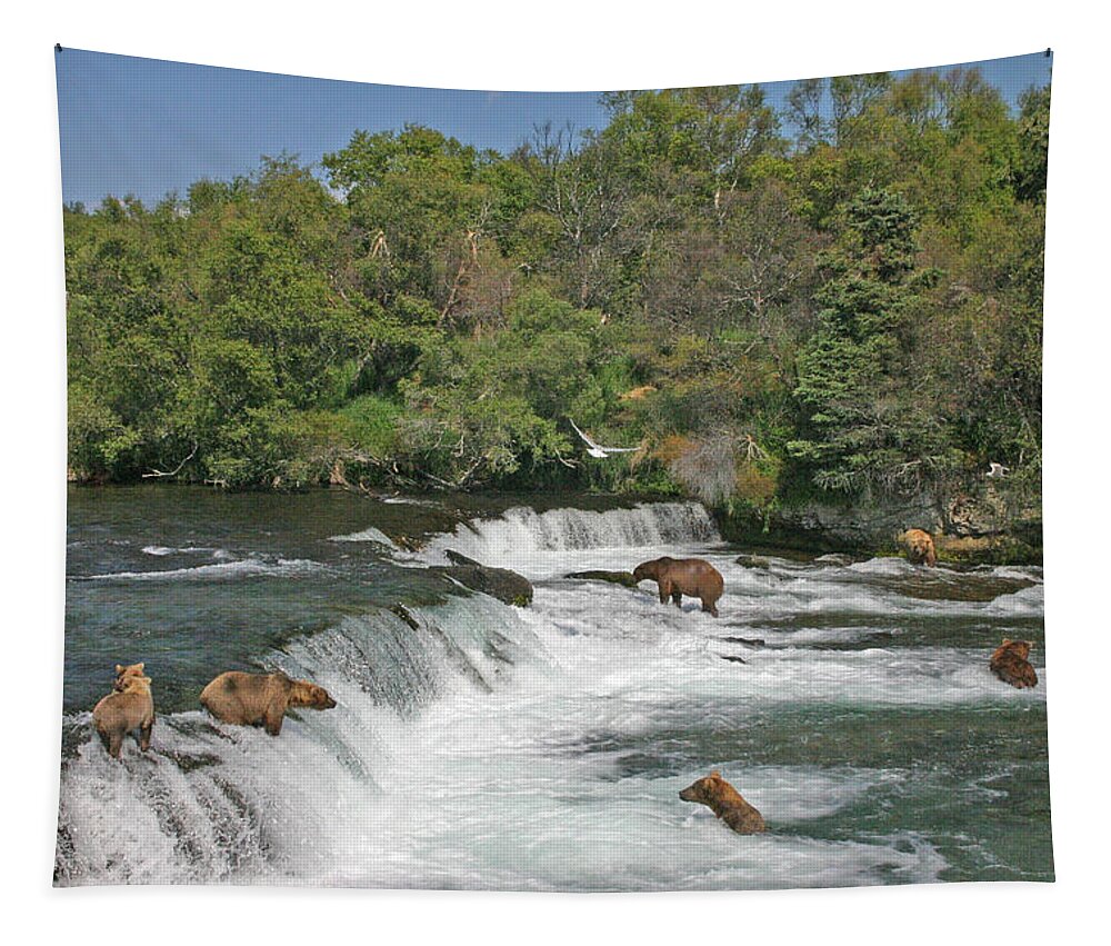 Bear Tapestry featuring the photograph Busy day at the Falls by Ed Stokes