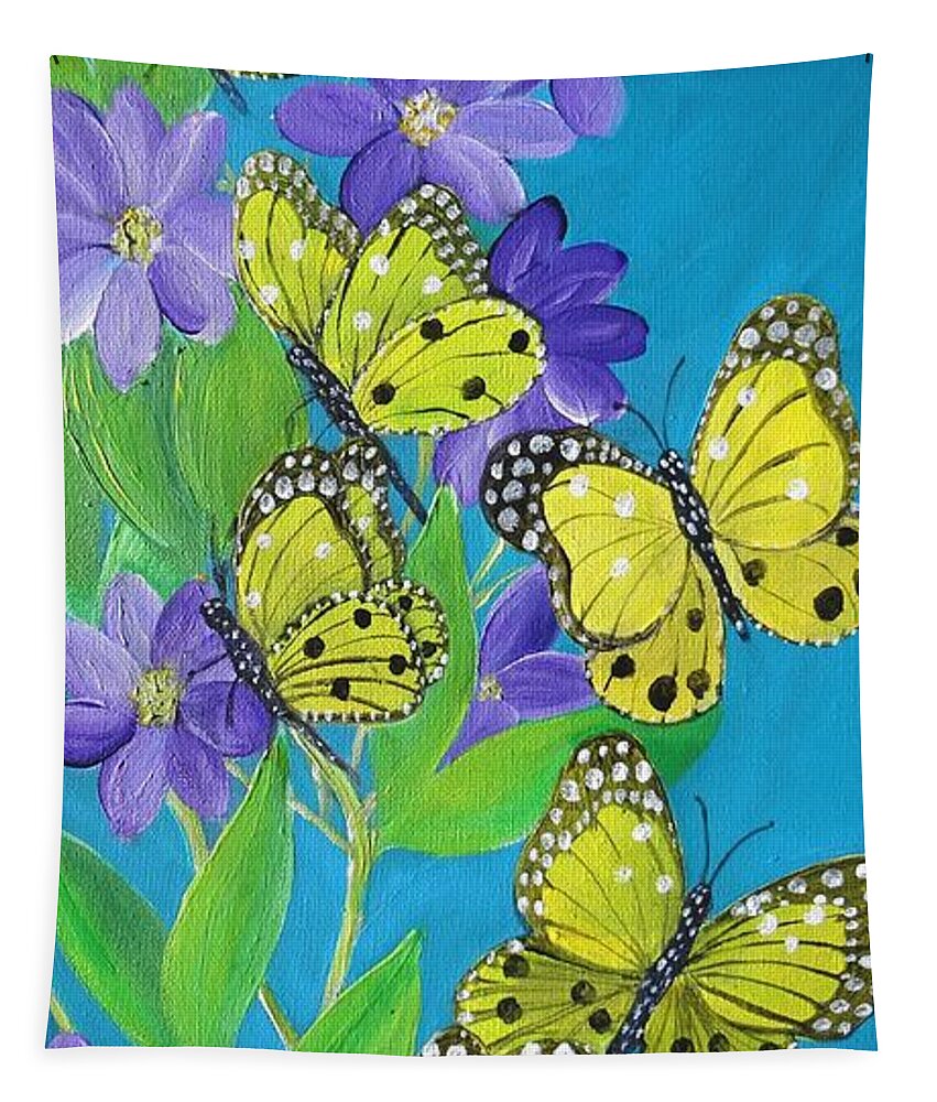 Yellow Butterflies Tapestry featuring the painting Butterflies and Purple Clematis by Karen Jane Jones