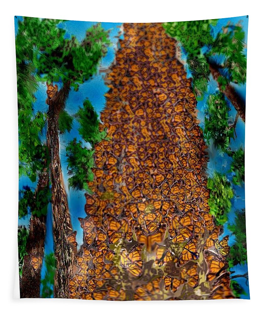 Sketch With Pencil Colored Digitally Oyamel Tree Butterfly Tree Tapestry featuring the mixed media Butterfly Haven by Pamela Calhoun