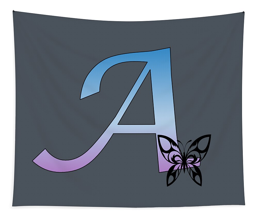 Monogram Tapestry featuring the digital art Butterfly Silhouette on Monogram Letter A Gradient Blue Purple by Ali Baucom