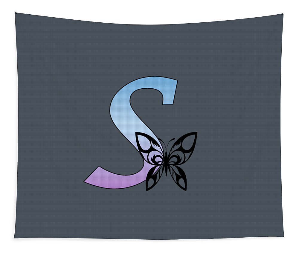 Monogram Tapestry featuring the digital art Butterfly Silhouette on Monogram Lower Case s Gradient Blue Purple by Ali Baucom