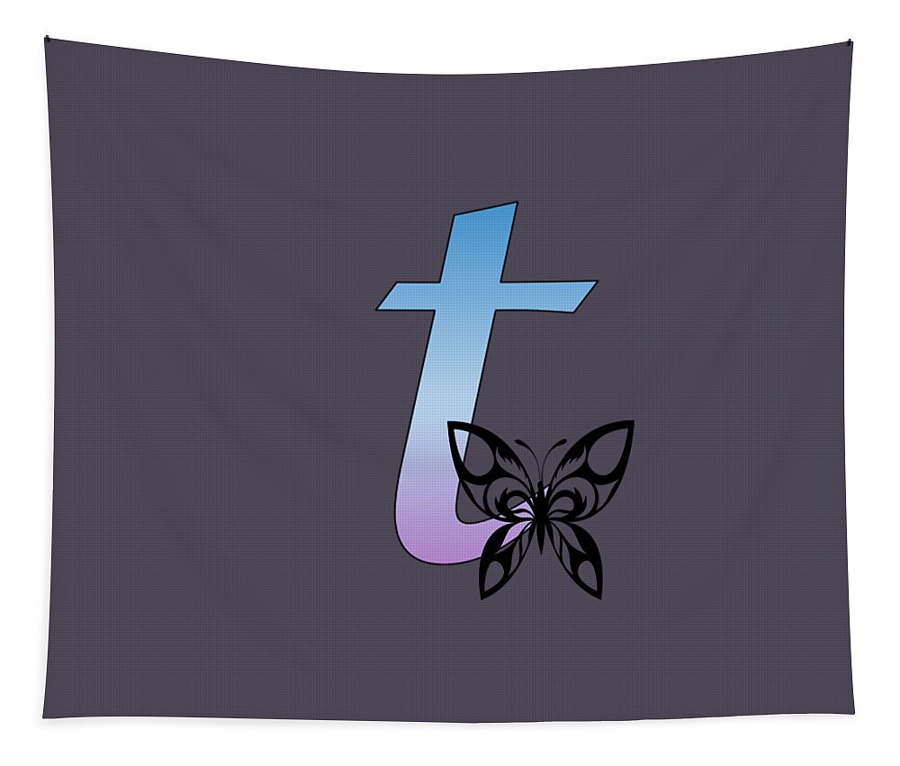 Monogram Tapestry featuring the digital art Butterfly Silhouette on Monogram Lower Case t Gradient Blue Purple by Ali Baucom