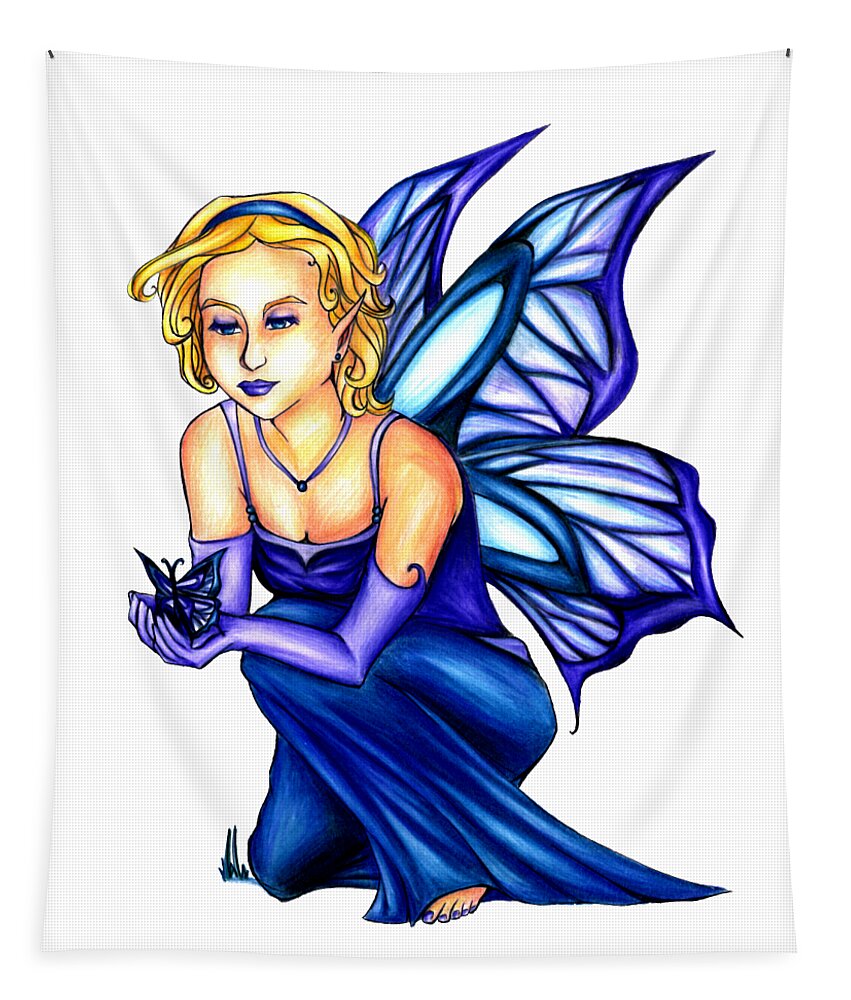 Blond Fairy Tapestry featuring the drawing Butterfly with Blond Fairy Drawing by Kristin Aquariann