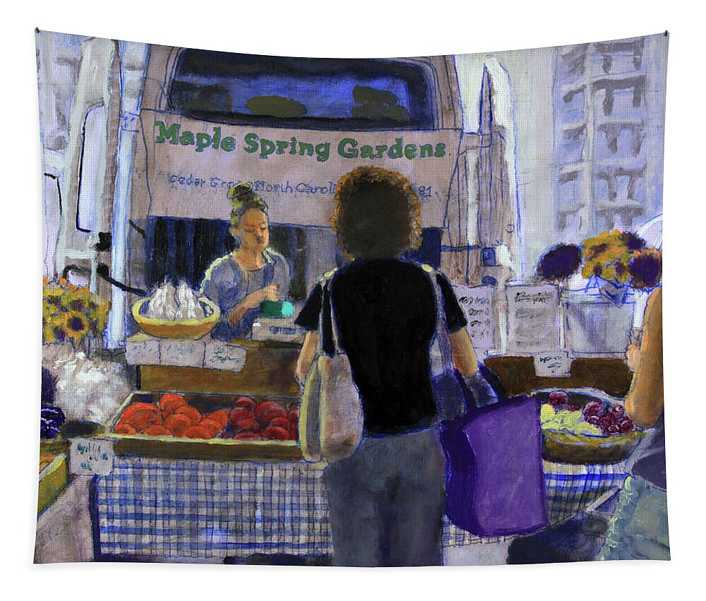 Duheam County Farmer's Market Tapestry featuring the painting Buying Your Produce by David Zimmerman