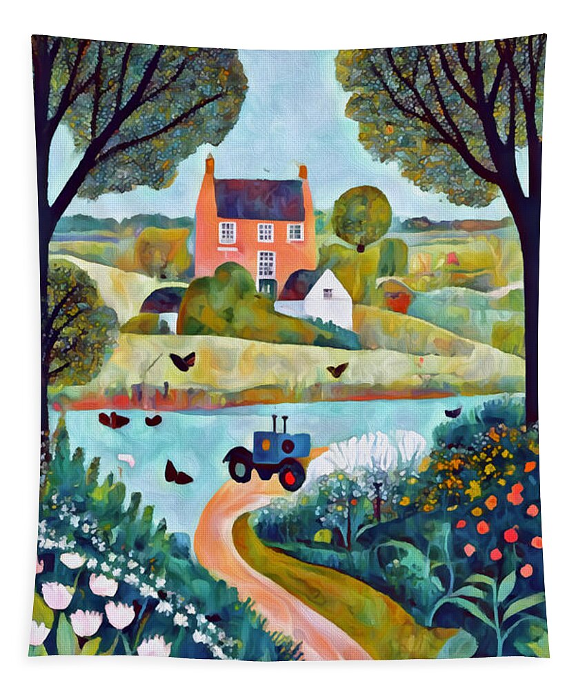 Farm Tapestry featuring the mixed media By the Farm Lake by Ann Leech