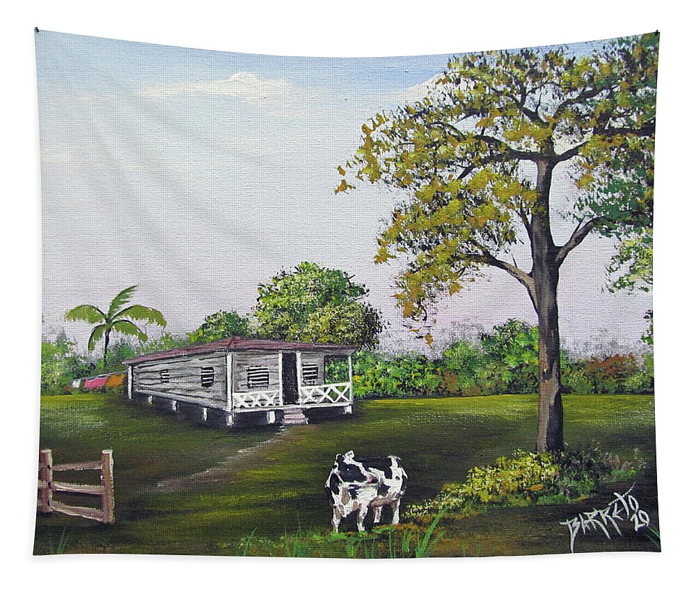 Cow Tapestry featuring the painting By The House by Gloria E Barreto-Rodriguez