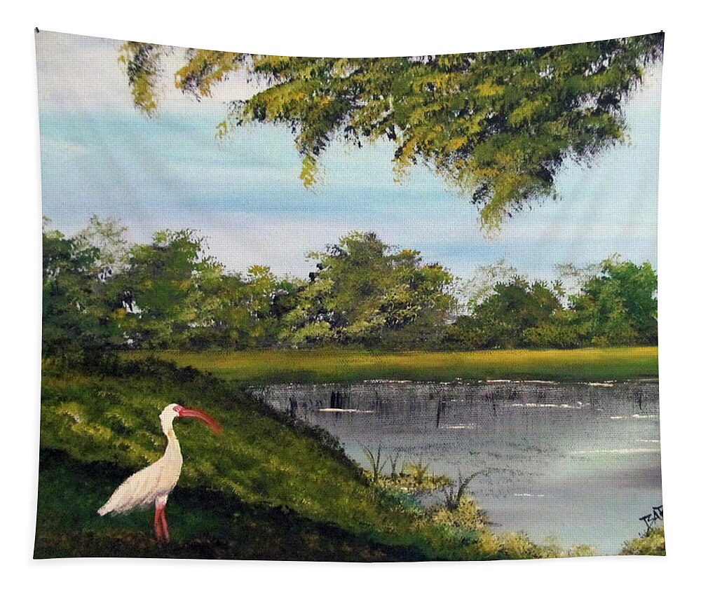 Crane Tapestry featuring the painting By The Water by Gloria E Barreto-Rodriguez