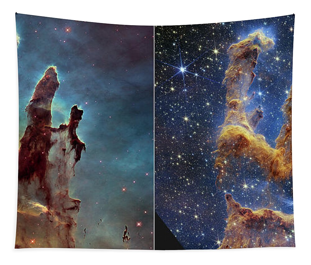 August Tapestry featuring the photograph Pillars of Creation, JWST and Hubble images by Science Photo Library