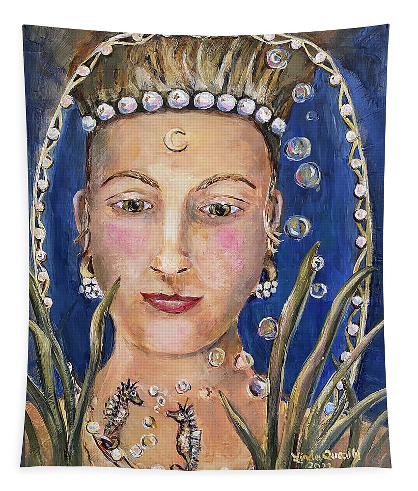 Mermaid Tapestry featuring the painting Caballito de Mar Amor by Linda Queally by Linda Queally