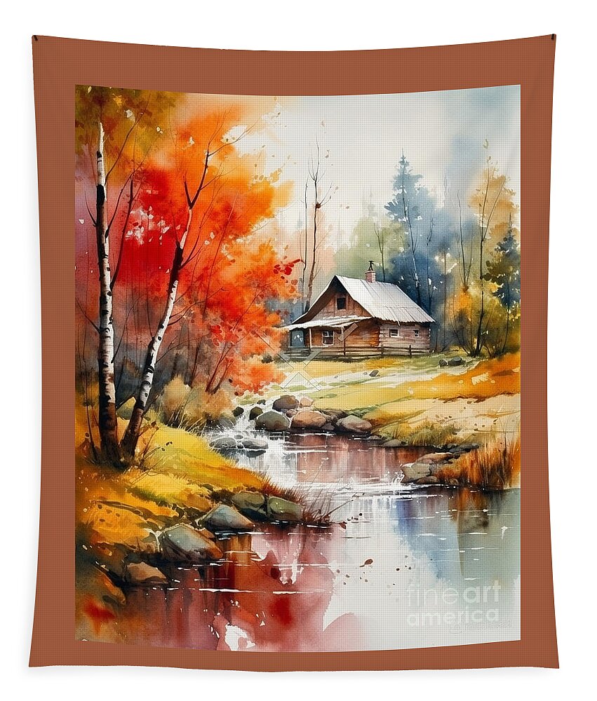 Cabin And Stream Ii Tapestry featuring the mixed media Cabin and Stream II by Jay Schankman