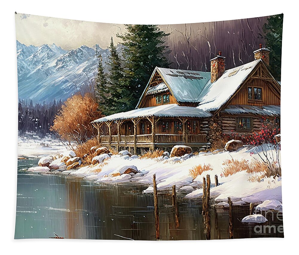 Log Cabin Tapestry featuring the painting Cabin In The Mountains by Tina LeCour