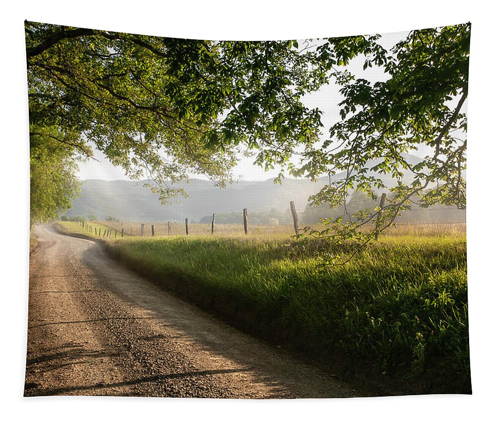 Cades Cove Tapestry featuring the photograph Cades Cove Great Smoky Mountains - Hyatt Lane Misty Sunrise by Photos by Thom
