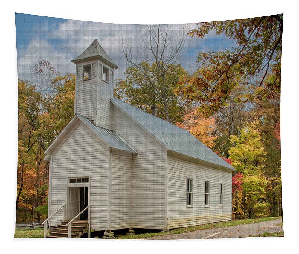 Great Smoky Mountains National Park Tapestry featuring the photograph Cades Cove Missionary Baptist Church, Tennessee by Marcy Wielfaert