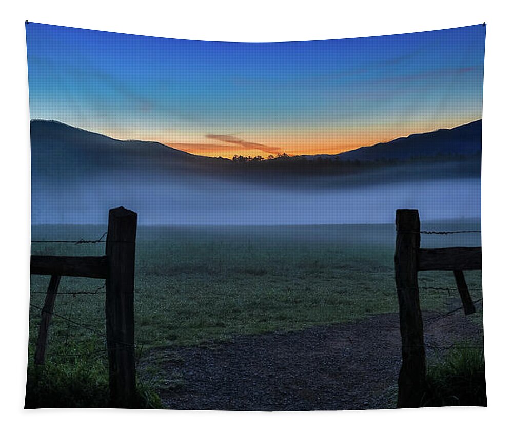 Cades Cove Sunrise Fence Tapestry featuring the photograph Cades Cove Sunrise Fence by Dan Sproul