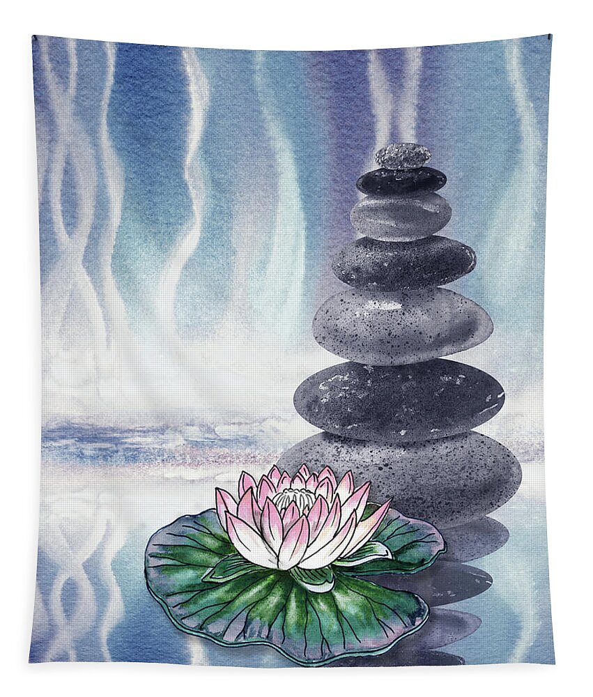 Zen Rocks Tapestry featuring the painting Calm Peaceful Relaxing Zen Rocks Cairn With Flower Meditative Spa Collection Watercolor Art VIII by Irina Sztukowski