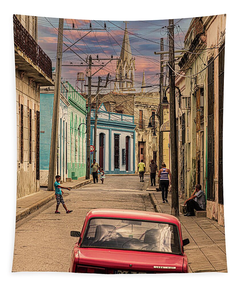 © 2015 Lou Novick All Rights Resvered Tapestry featuring the photograph Camaguey street by Lou Novick