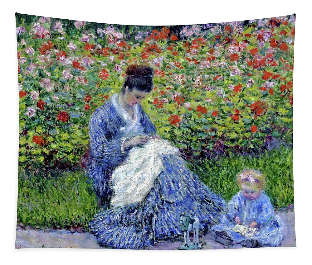 Background Tapestry featuring the painting Camille Monet and a Child in the Artist s Garden in Argenteuil by MotionAge Designs