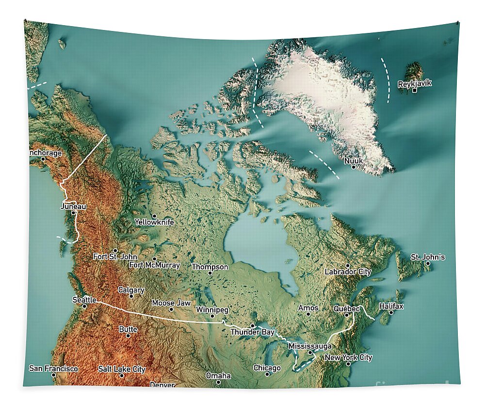 Canada Tapestry featuring the digital art Canada 3D Render Topographic Map Border Cities by Frank Ramspott