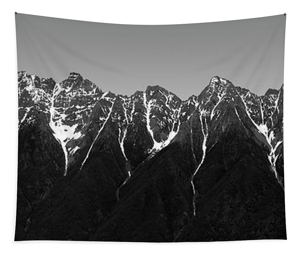 617 Tapestry featuring the photograph Canadian Rockies abstract panorama black and white by Sonny Ryse