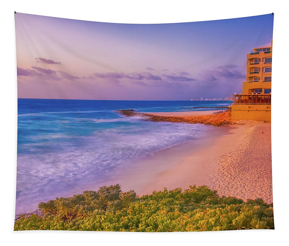 Cancun Tapestry featuring the photograph Cancun beach at sunrise by Tatiana Travelways