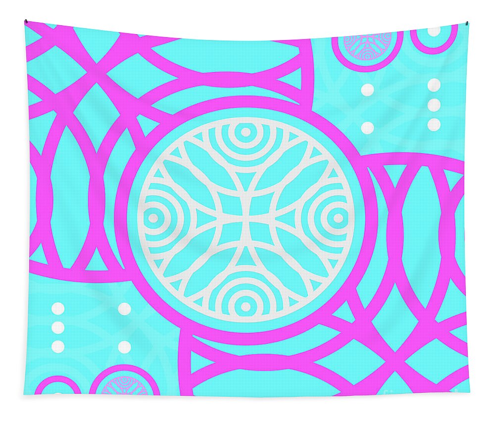 Abstract Tapestry featuring the mixed media Candy Bubblegum Geometric Glyph Art in Cyan Blue and Pink n.0126 by Holy Rock Design