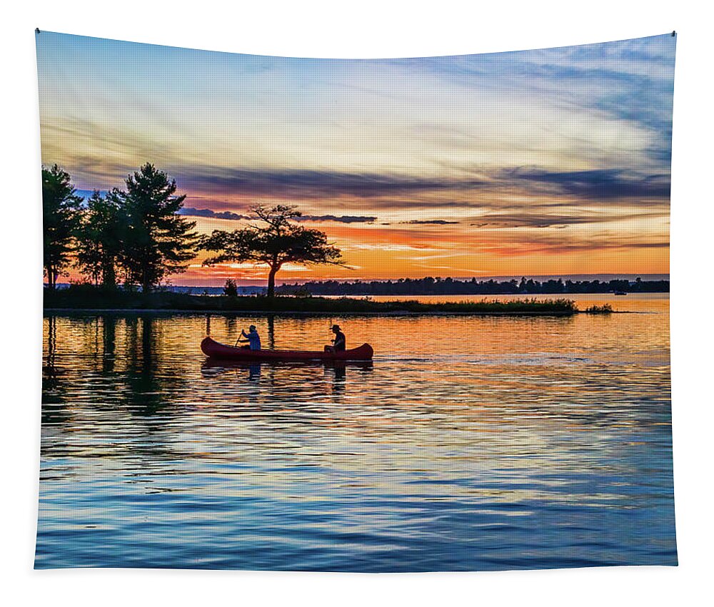 Higgins Lake Tapestry featuring the photograph Canoe at Sunset by Joe Holley