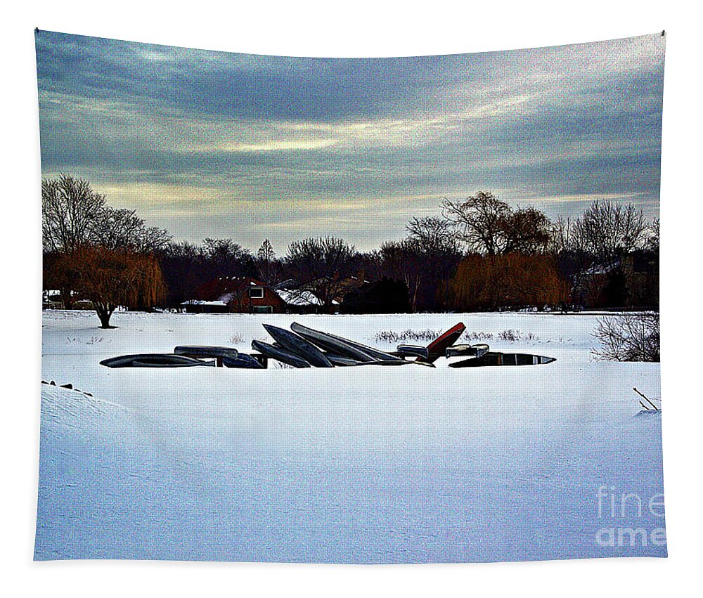 Nature Tapestry featuring the photograph Canoes in the Snow by Frank J Casella