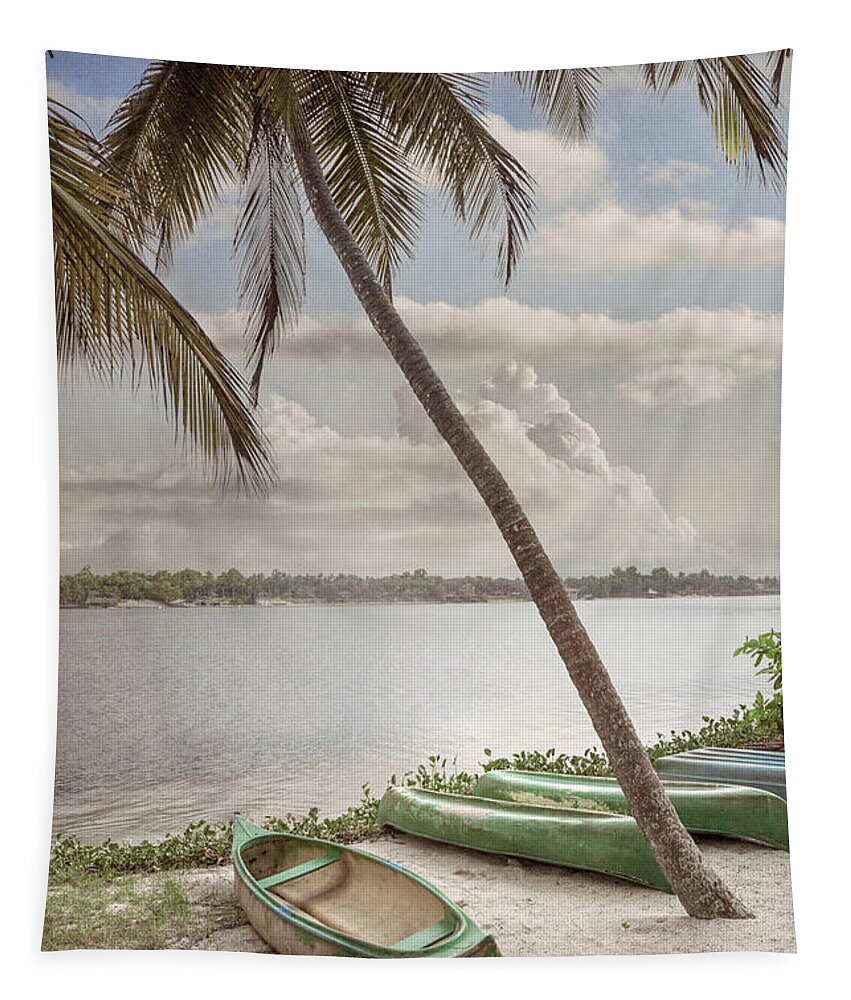 African Tapestry featuring the photograph Canoes Waiting on the Beach in Soft Cottage Hues by Debra and Dave Vanderlaan