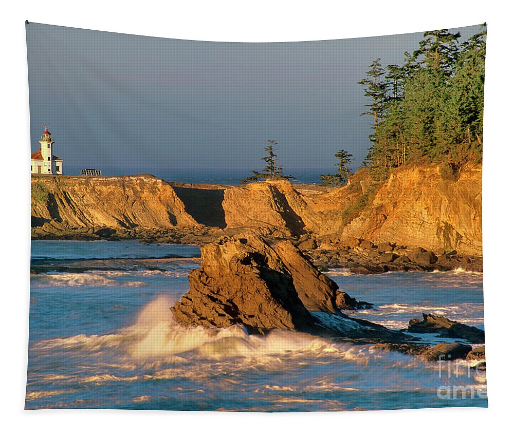 Dave Welling Tapestry featuring the photograph Cape Arago Lighthouse At Sunset Oregon by Dave Welling