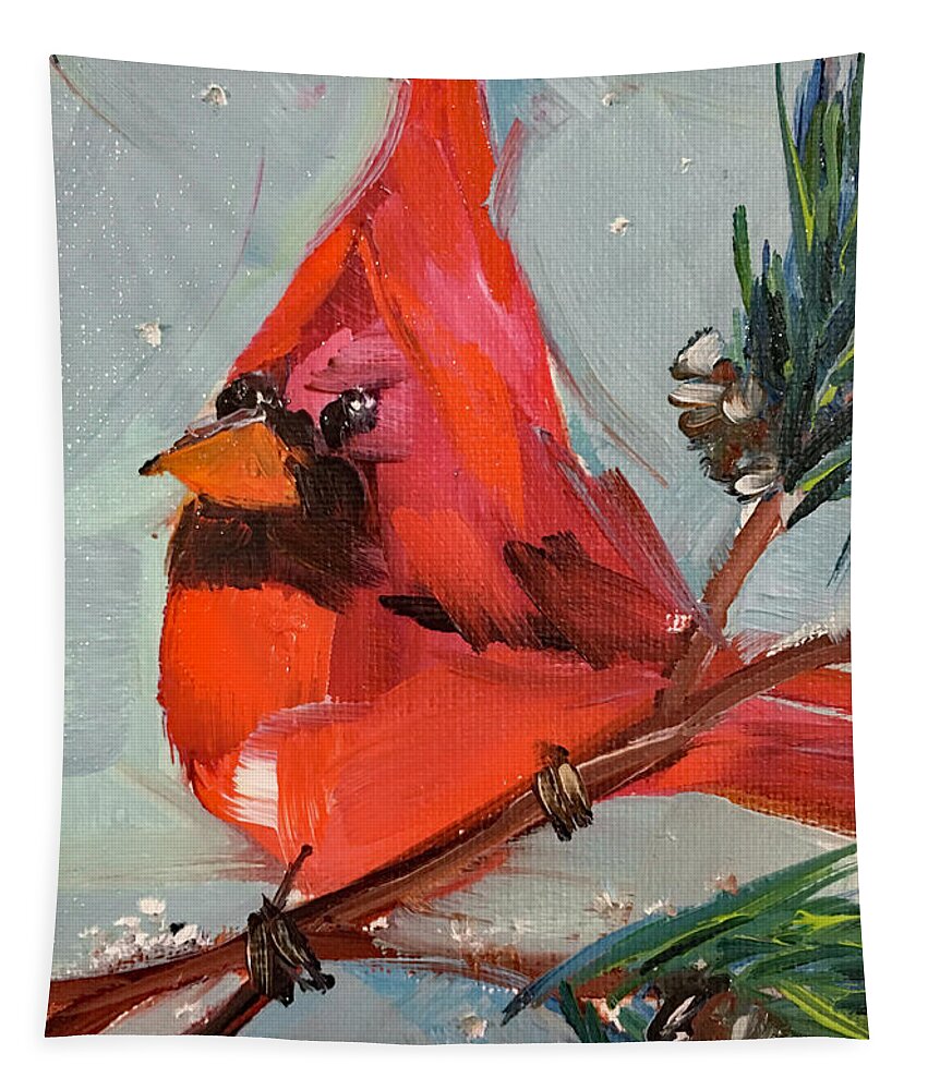 Cardinal Tapestry featuring the painting Cardinal in a Fir Tree by Roxy Rich