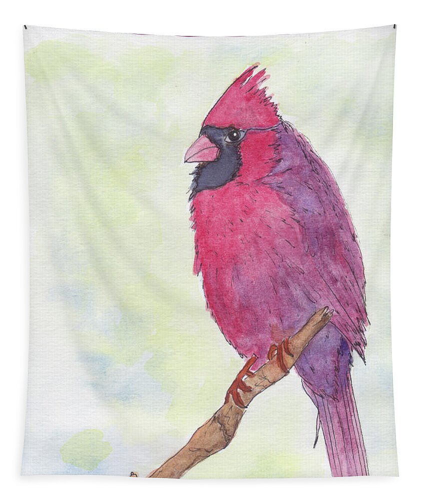 Birds Tapestry featuring the painting Cardinal Visiting by Anne Katzeff