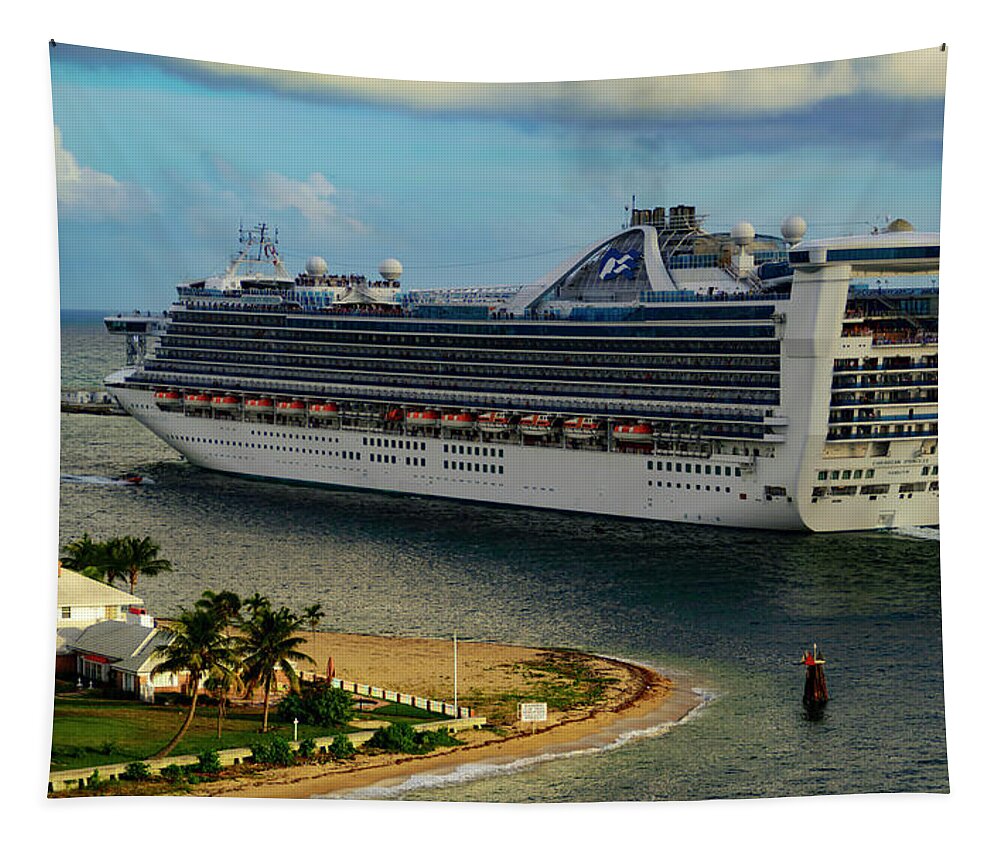 Cruise Ship; Skies; Clouds; Water; Landscape; Color; Travel Tapestry featuring the photograph Caribbean Princess #1 by AE Jones