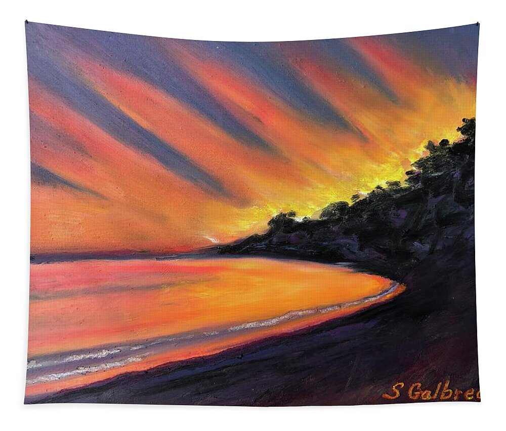 Sunrise Tapestry featuring the painting Morning Glow, sunrise at Comier- Plage, Haiti by Shirley Galbrecht