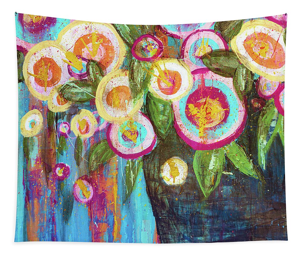 Carnation Tapestry featuring the painting Carnations and Roses Abstract Teal Bouquet by Joanne Herrmann