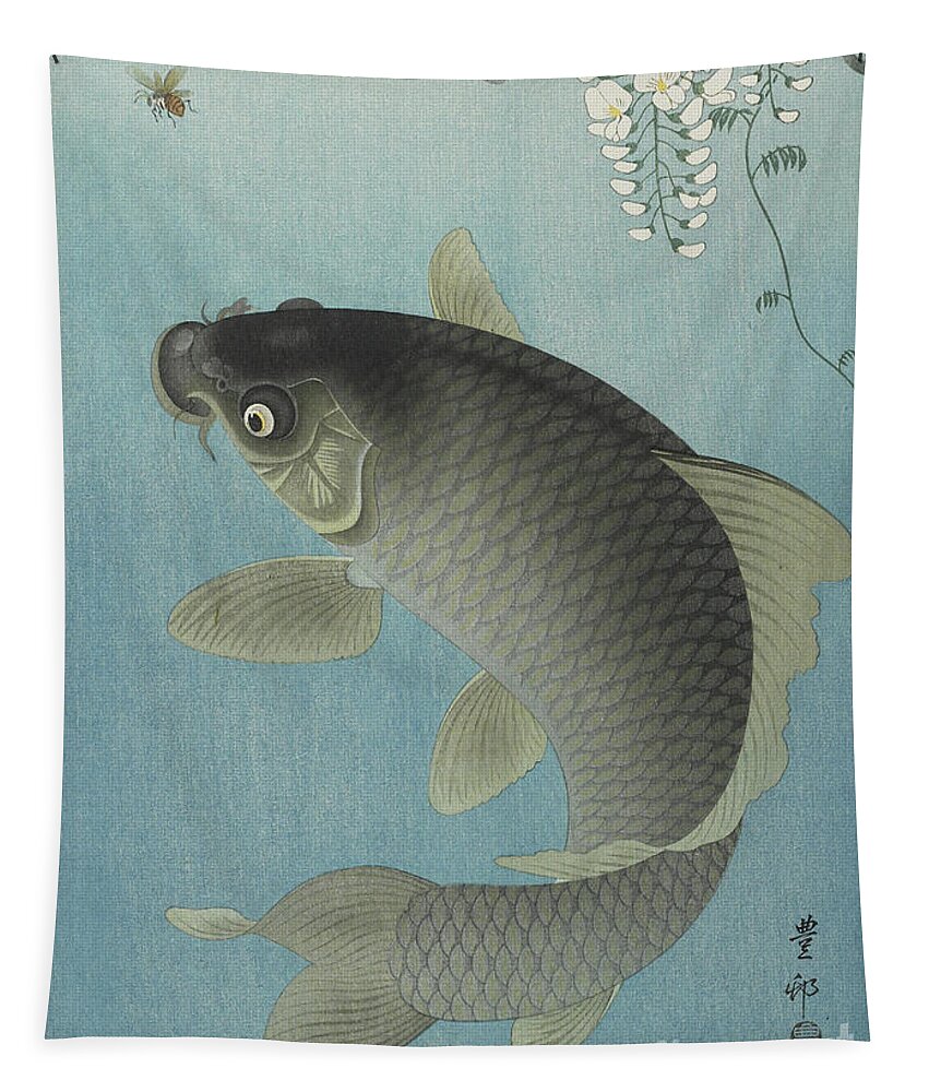 Asian Tapestry featuring the painting Carp Leaping, 1930s by Ohara Koson by Ohara Koson