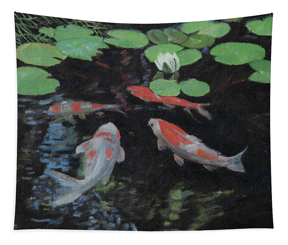 Tradition Tapestry featuring the painting Carp Pond by Masami IIDA